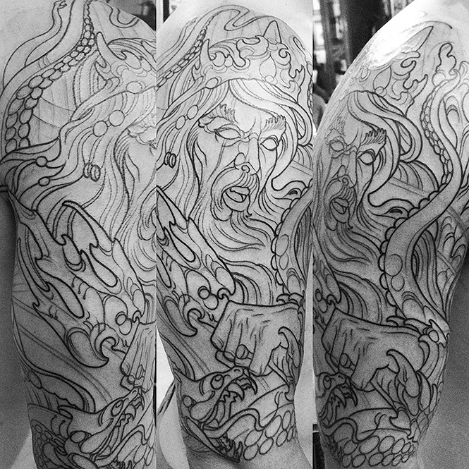Outline first session of Poseidon tattoo