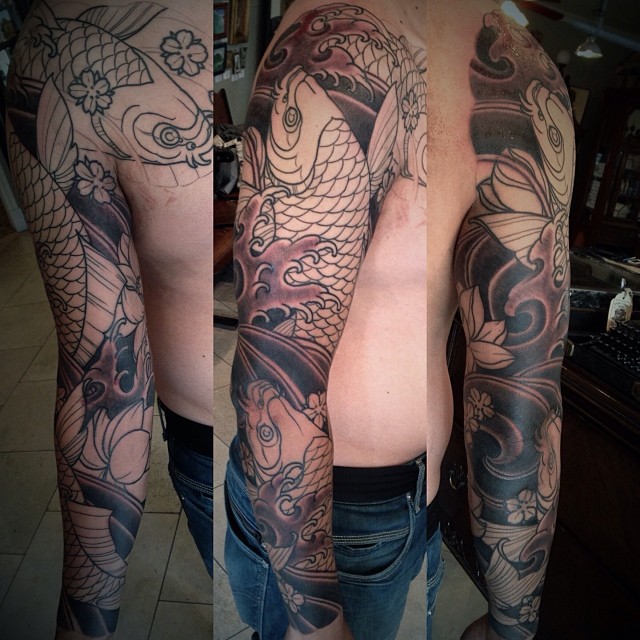 Black and White Koi Sleeve by Best Tattoo Artist Terry Ribera