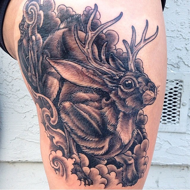 Jackalope tattoo by Nathaniel Gann @nathanieltattoosd at Remington Tattoo #jackalope #jackalopetattoo #blackandgrey #nathanielgann #RemingtonTattoo