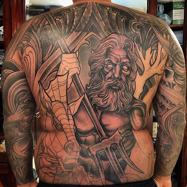 Back piece with cover-up in progress by Terry Ribera @terryribera at Remington Tattoo #remingtontattoo #Poseidon #poseidontattoo #backpiece #coverup #wip
