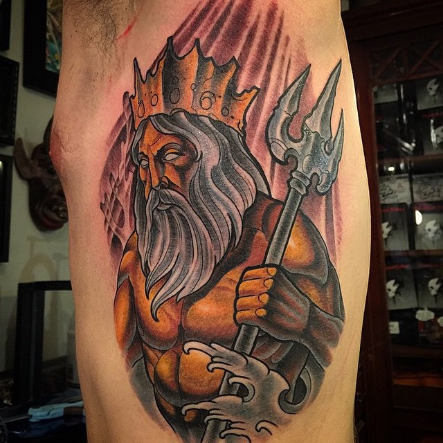 A very rare walk-in piece done by Terry Ribera. Guess he just couldn't pass up doing a Poseidon Tattoo ;) @terryribera #RemingtonTattoo #poseidontattoo @tattooistartmag #tattooistartmag #tattooistartmagazine