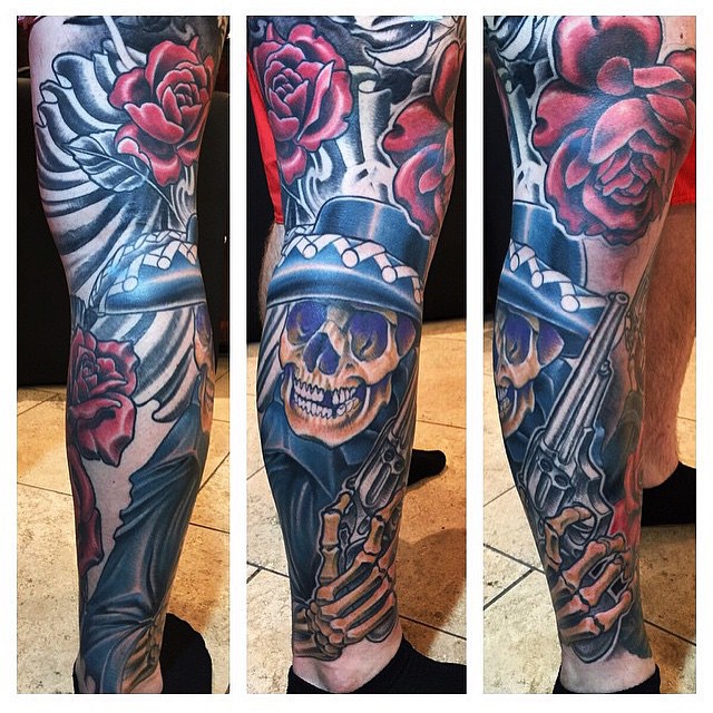 Progress by Nathaniel Gann @nathanieltattoosd #skulltattoo #gunslinger #wip #tattoo
