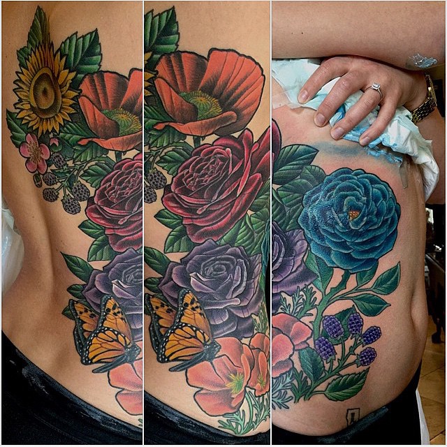 Flowers started by @sarahink and finished by @terryribera at #RemingtonTattoo #flowertattoo #prettytattoo #SanDiegoTattoo