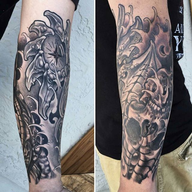 Biomechanial Black & Grey Sea Tattoo by Nathaniel Gann Tattoo