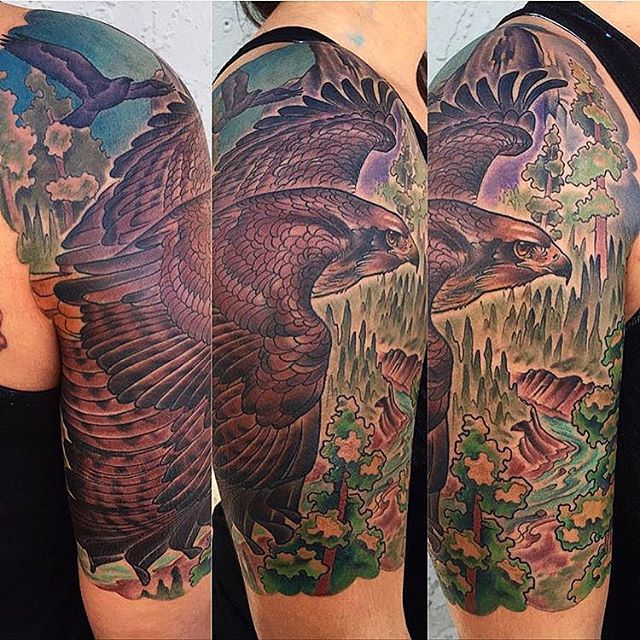 By Nathaniel Gann @nathanieltattoosd at Remington Tattoo #hawktattoo #falcontattoo #birdtattoo #tattooworkers #remingtontattoo #sandiegotattoo #nathanielgann