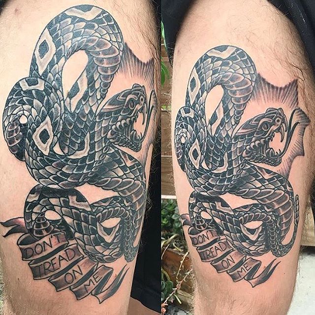 Rattlesnake tattoo by Chris Cockrill at Remington Tattoo #remingtontattoo #rattlesnaketattoo #snaketattoo #donttreadonme