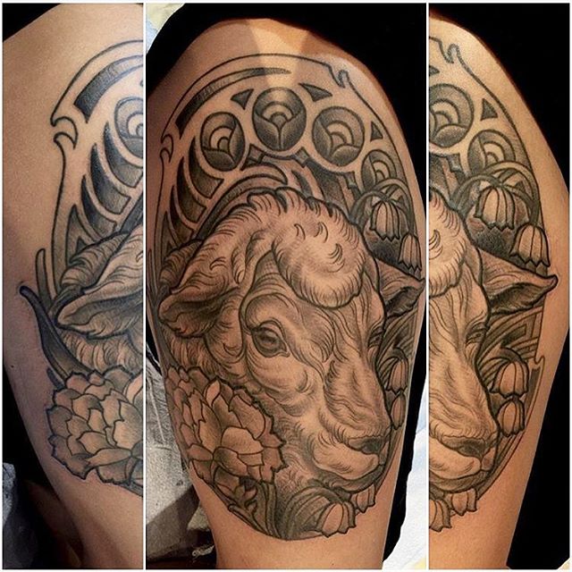 Sheep tattoo by Terry Ribera @terryribera Stop by Remington Tattoo to book your appointment with Terry today! #sandiegotattoo #remingtontattoo #sheeptattoo #animaltattoo #lambtattoo #lambofgod #blackandgreytattoo