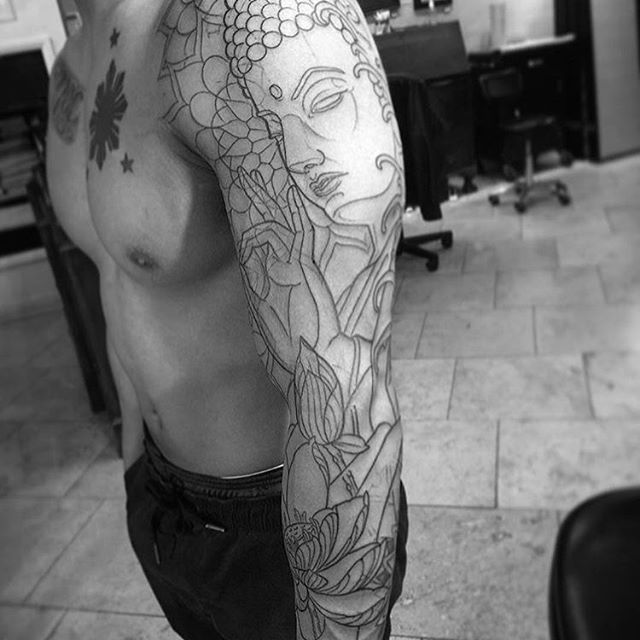 Sleeve in progress by Gustavo Razo @gust_razotattoos at Remington Tattoo. Gustavo is currently booking appointments so stop by Remington tattoo to book yours. #buddhatattoo #buddhisttattoo #sleeve #linework #wip