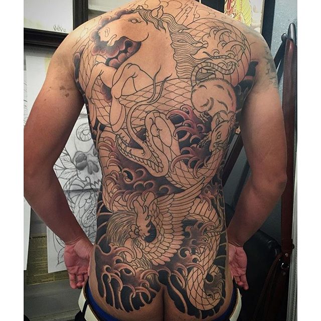 Back piece in progress by @alessioricci #tattoo #tattoos #tattooart #remington #remingtontattoo #northpark #sandiego #sandiegotattoo #sandiegotattooartist