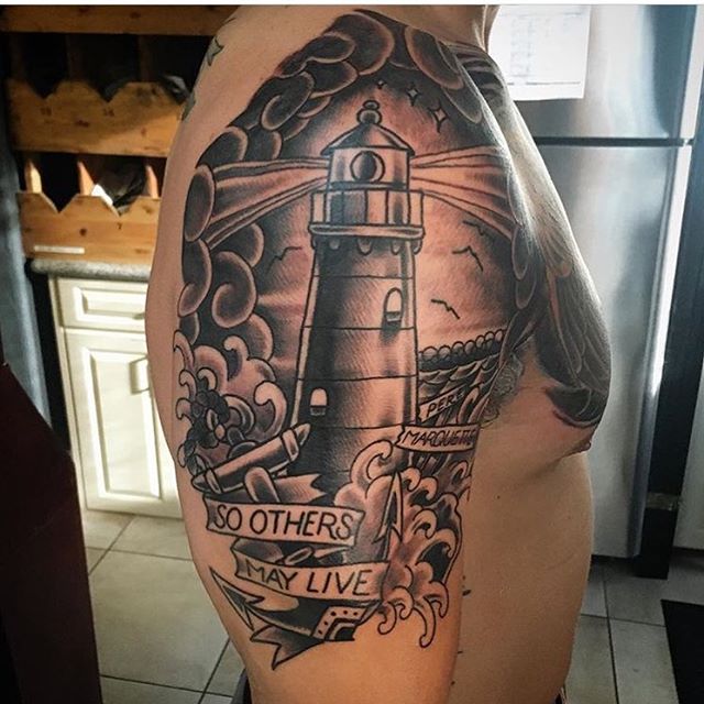 Lighthouse done by @chriscockadoodledo #chriscockrill #chriscockrilltattoo #traditionaltattoo #remington #remingtontattoo #northpark #sandiego #sandiegotattoo #sandiegotattooartist