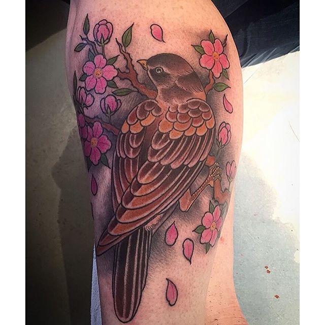 Sparrow Sitting on Cherry Blossom | Remington Tattoo Parlor