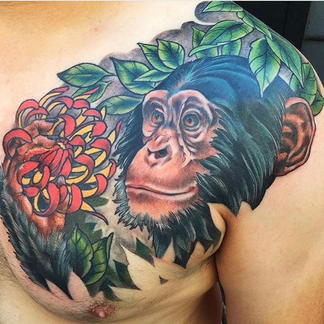Chimpanzee tattoo by @nathanieltattoosd #chimptattoo #chimpanzeetattoo #monkeytattoo #flowertattoo #northpark #sandiegotattoo #sandiegotattooartist