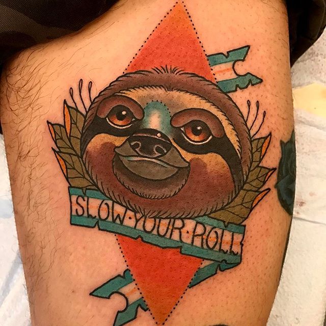 Sloth tattoo by @jasmineworthtattoos to book an appointment email her at JasmineWorthTattoos@gmail.com #slothtattoo #neotradsub #neotraditional #neotraditionaltattoo #slowyourroll #sandiegotattoo #sandiegotattooartist #remingtontattoo
