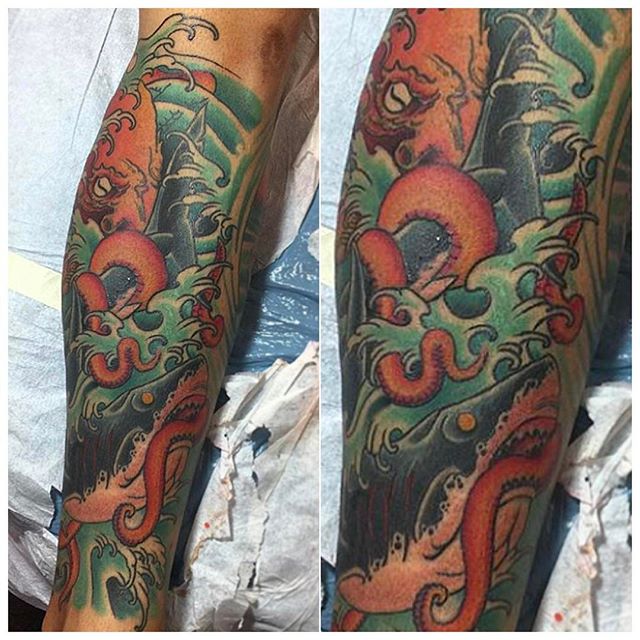 Octopus and Shark Full Color Leg Tattoo by Bobby Flores | Remington Tattoo  Parlor