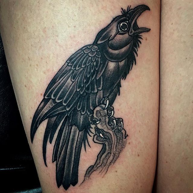 One shot crow tattoo from @chriscockadoodledo a little under 2 hrs #crowtattoo #birdtattoo #blackworkers #blxckwork #blackink #remington700 #remington #northpark #southpark #sandiego