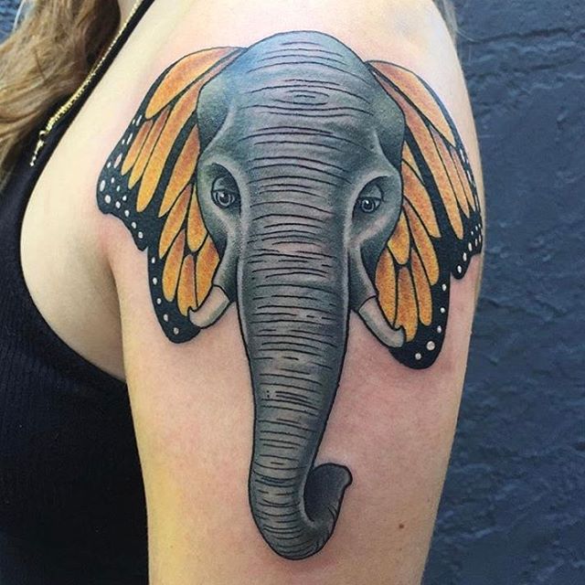 Elephant/butterfly mashup tattoo by @horichata #elephanttattoo #butterflytattoo #sandiego #sandiegotattooartist #sandiegotattooshop #sandiegotattoo