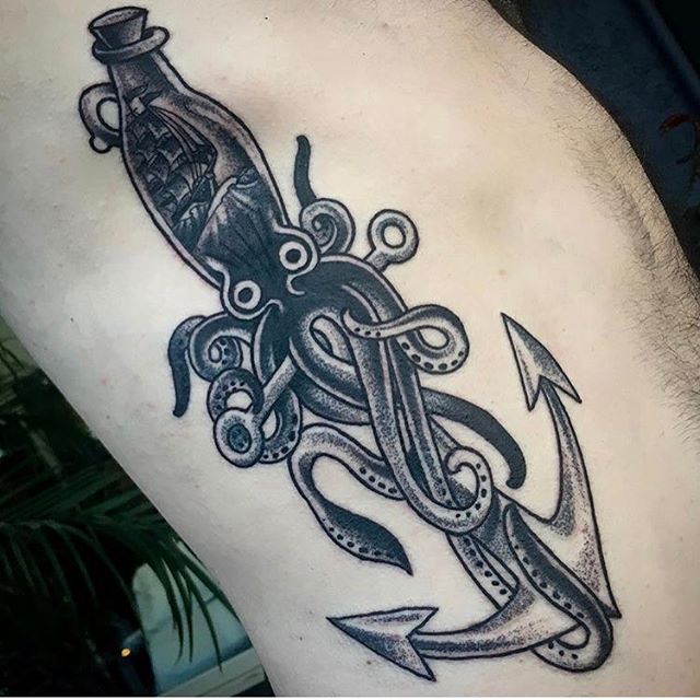 Squid and anchor tattoo by @chriscockadoodledo #squidtattoo #anchortattoo #blackandgreytattoo #nauticaltattoo #sandiegotattooartist #sandiegotattooshop #sandiegotattoo