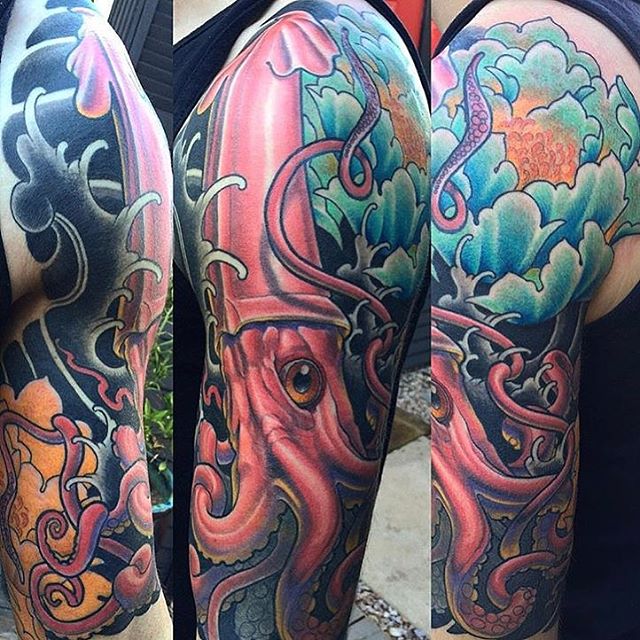 Squid tattoo by @nathanieltattoosd #squidtattoo #peonytattoo #remingtontattoo #sandiego #northpark #sandiegotattooshop #sandiegotattooartist #sandiegotattoo #tattooistartmag