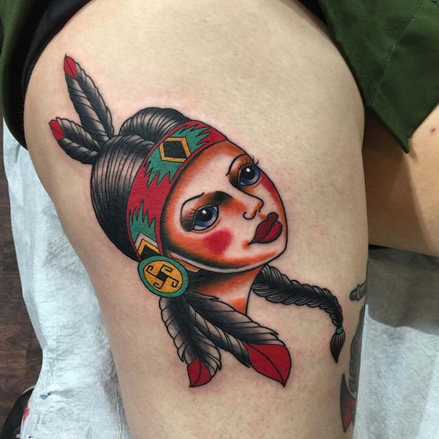 Girl head tattoo by @horichata #traditionaltattoo #northpark #sandiego #remingtontattoo