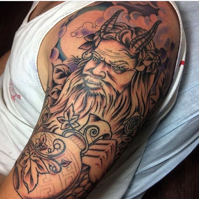 Progress shot of a #dionysus tattoo by @johnsabin #dionysustattoo #bacchus #bacchustattoo #pan #pantattoo #sandiegotattooartist #sandiegotattooshop #sandiegotattooer #sandiegotattoo #remingtontattoo