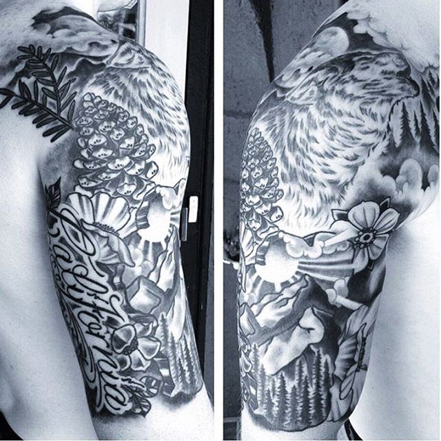 California tattoo by @johnsabin #californiatattoo #cali #california #blackandgreytattoo #sandiegotattooartist #sandiegotattoo #remingtontattoo #sandiego #sandiegotattooer #naturetattoo #pineconetattoo #mountaintattoo #flowertattoo