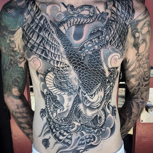 Owl and snake chest piece by @johnsabin #owltattoo #snaketattoo #chestpiece #blackandgrey #chesttattoo #blackandgreytattoo #sandiego #sandiegotattoo #sandiegotattooer #sandiegotattooshop #sandiegotattooartist