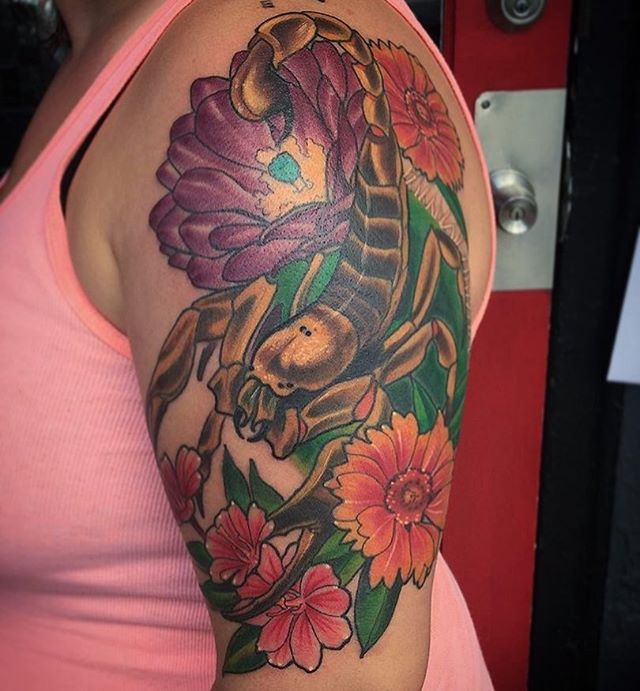 Scorpion and flowers by @gust_razotattoos #scorpiontattoo #flowertattoo #insecttattoo #scorpion #sandiegotattooartist #remingtontattoo #sandiegotattoo #sandiegotattooer #sandiegotattooshop #sandiegotattoos