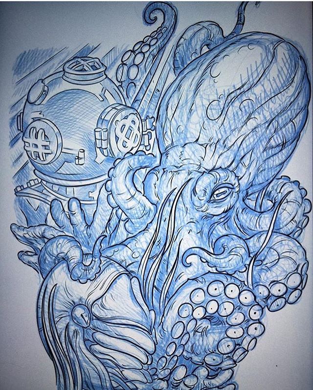 #nautical #tattoo #design done by @terryribera at #remingtontattoo #octopustattoo #octopus #diver #divertattoo #sandiegotattooartist #northparktattooartist #sandiego #northpark