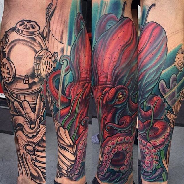 This #nautical #octopus #coverup #leg #tattoo in progress by @terryribera at #remingtontattoo #diver #divertattoo #nauticaltattoo #octopustattoo #coveruptattoo #legtattoo #colortattoo #oceantattoo #ocean #sandiegotattooartist #northparktattooartist #sandiego #northpark #sd