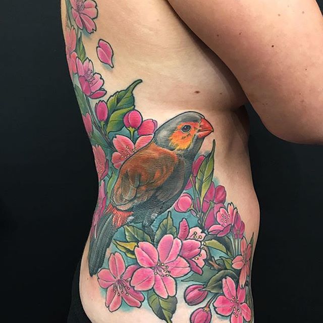 This #finch and #cherryblossom #tattoo done by @nathanieltattoo done at @remingtontattoo #flowertattoo #torsotattoo #birdtattoo #sd #sandiego #sandiegotattooartist #northpark #remingtontattoo