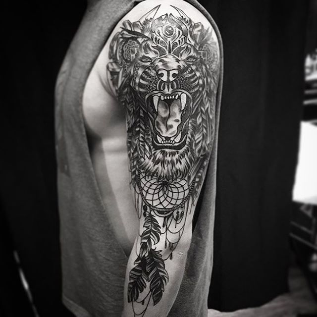 Dreamcatcher Lion Feather Upper Arm Sleeve | Remington Tattoo Parlor