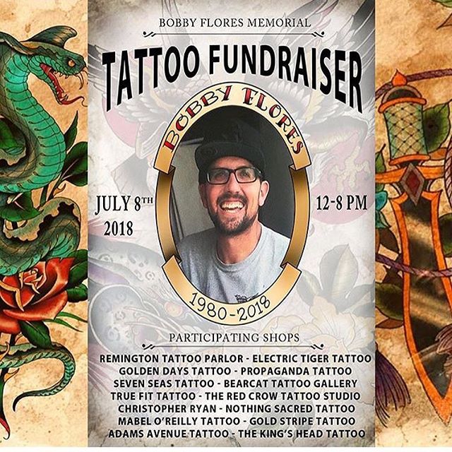 ***TODAY*** is the big day!!! The Bobby Flores @horichata memorial fundraiser is happening across 14 shops in San Diego! First-come first-serve from 12-8pm, so get here early! All proceeds go to Bobby’s wife and children to help them through this difficult time. We will have many of Bobby’s designs available and some of our own to select from. We can’t wait to see you all help out with a great cause! We are so grateful to all the tattoo shops that are participating, it’s amazing to see so many in the community come together to support one of our own. RIP Bobby Flores. @remingtontattoo @goldstripetattoo @electric.tiger.tattoo @goldendaystattooparlour @propagandatattoo @sevenseastattoosd @thevishuddhacreatives @bearcattattoogallery @truefittattoo @redcrowstudio @nothingsacredtattoosd @mabeloreillytattoo @adamsavetattoo @thekingsheadtattoo