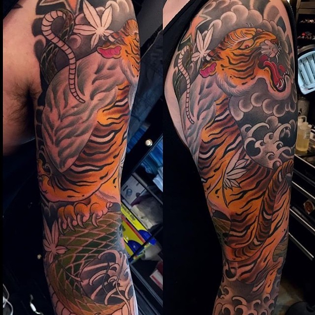 In Progress: Traditional Japanese Tiger Sleeve | Remington Tattoo Parlor