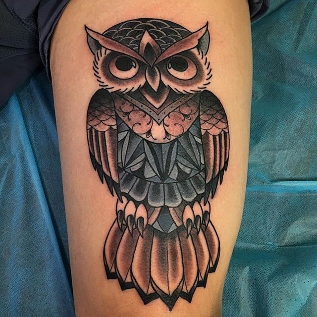 Microrealistic falcon and owl tattoo on the inner