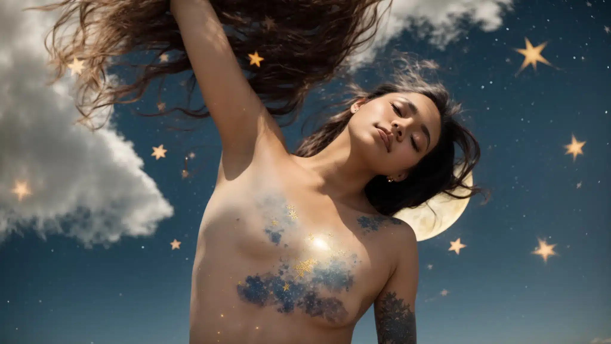 ink-stained skin illuminated by the graceful dance of the sun, moon, and a constellation of stars, capturing a timeless celestial narrative.